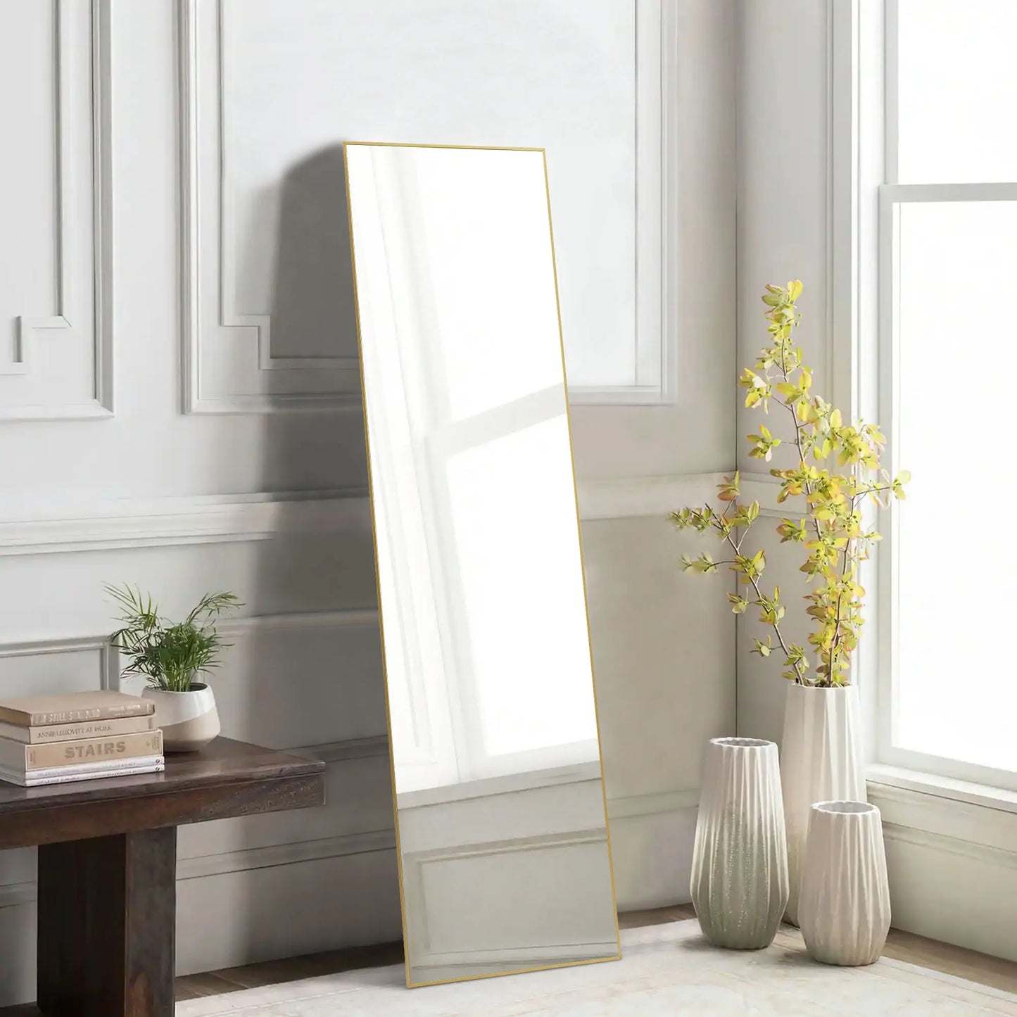59"x16" Full Length Arched Right Angle Sturdy Aluminum Alloy Frame Mirror with Stand for Living Room or Bedroom
