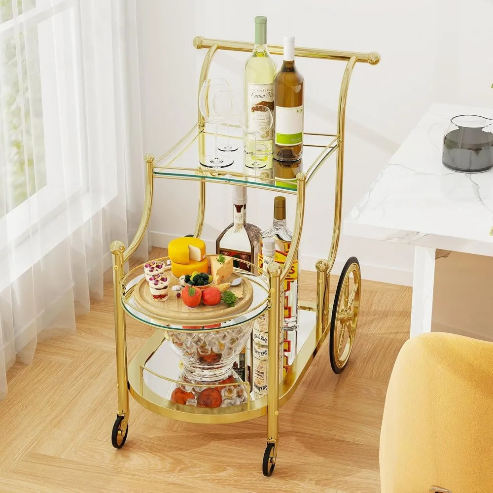 3-Tier Rolling Bar Cart with mirrored Shelves, 4 Wheels for Mobile Beverage & Wine in the Kitchen, Dining Room or Living Room