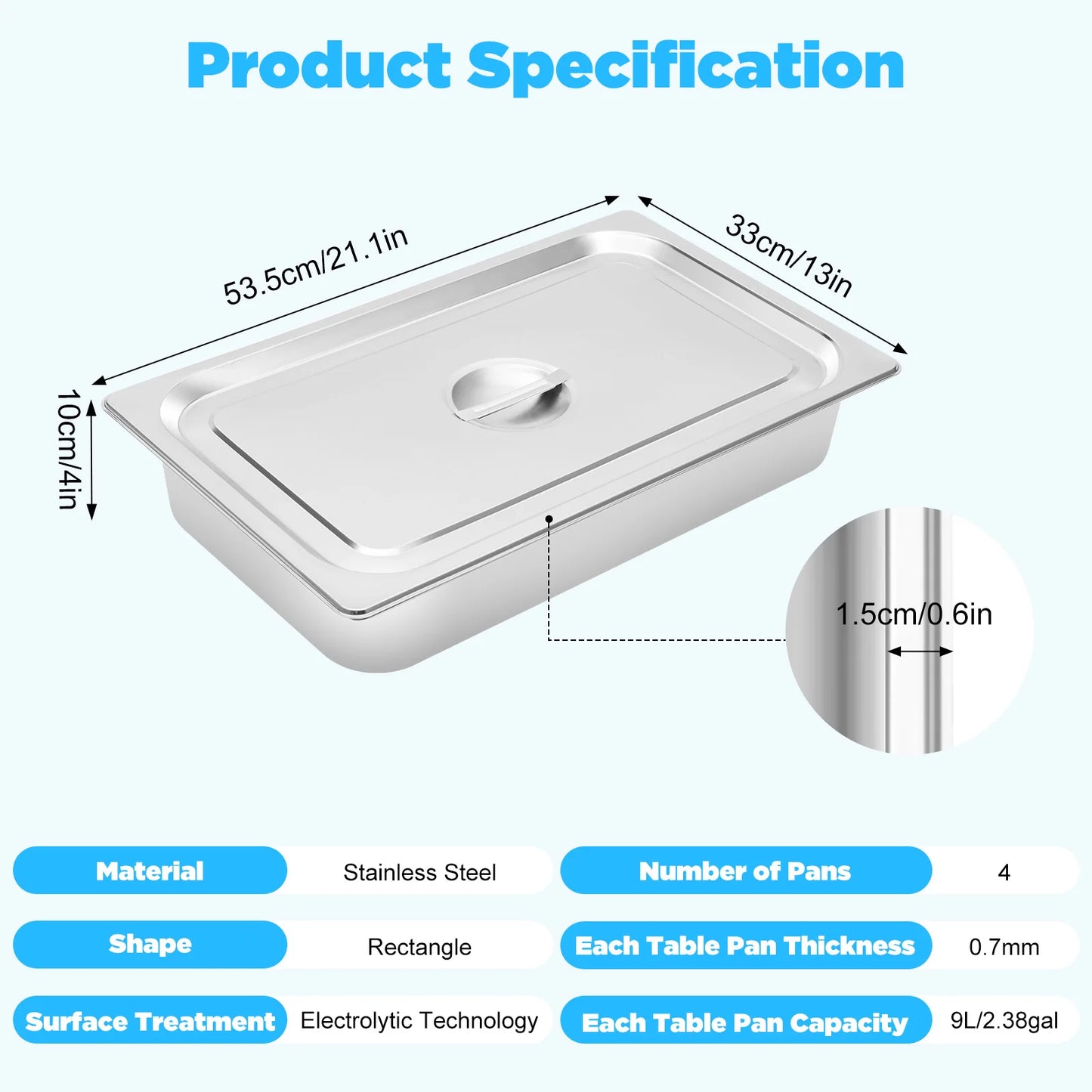 4 Pcs Stainless Steel Buffet Chafing Food Container Table Pans with Lids for Commercial and Personal Use.