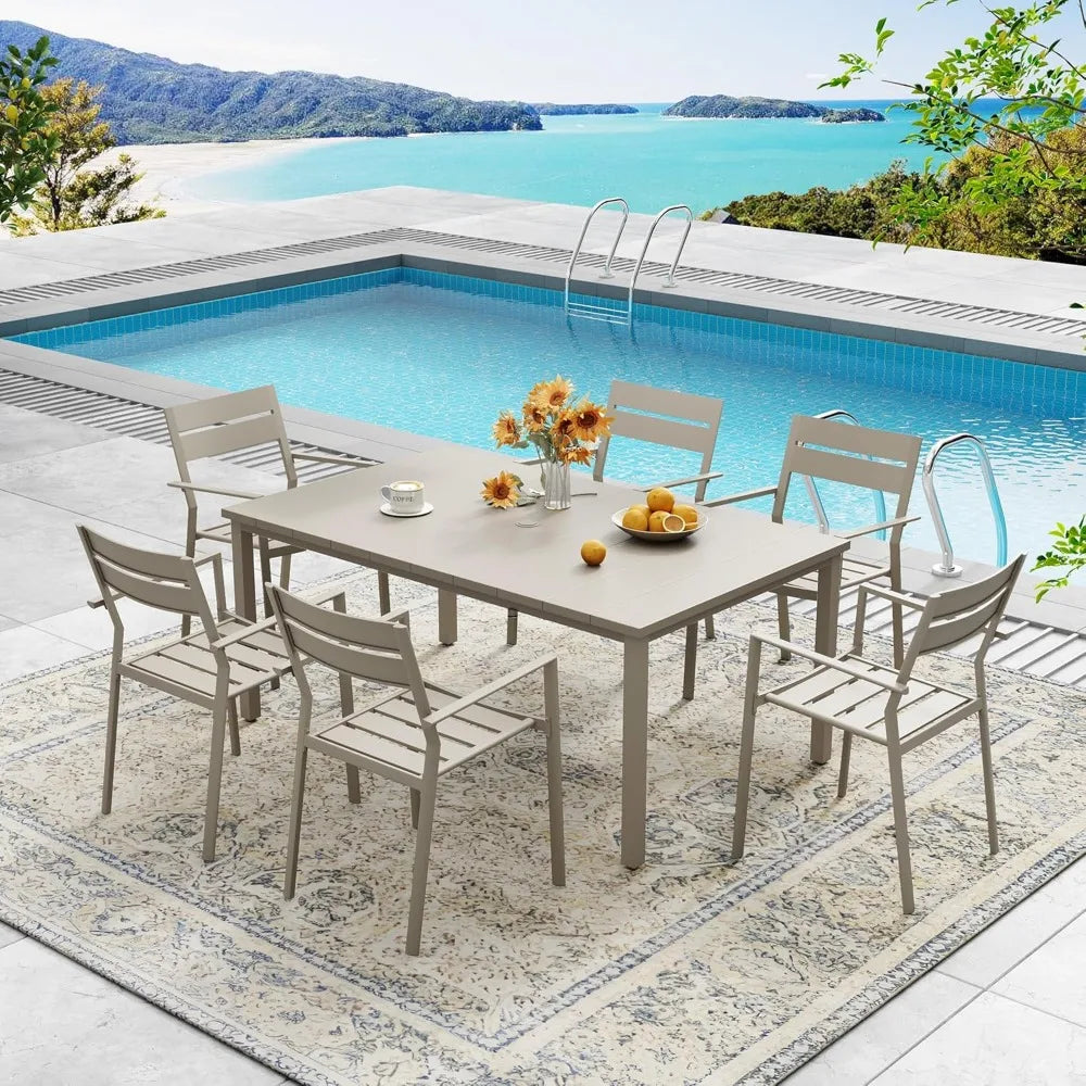 7 Pieces Outdoor Metal Frame Patio Dining Set, with 6 Cream Stackable Metal Chairs and 63" Sand shell Rectangle Dining Table