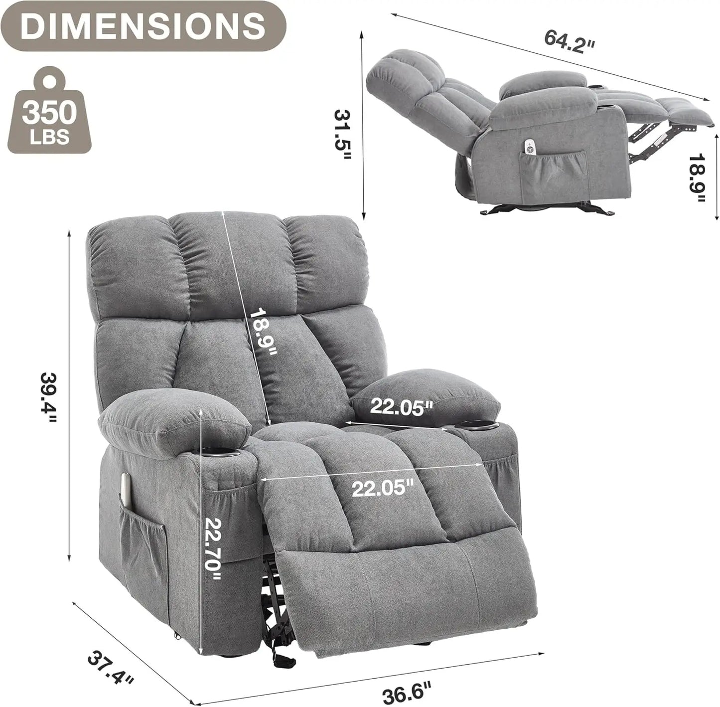 Ergonomic Comfy Overstuffed Massage Rocker Recliner Chair with Heat and Vibration for Living Room