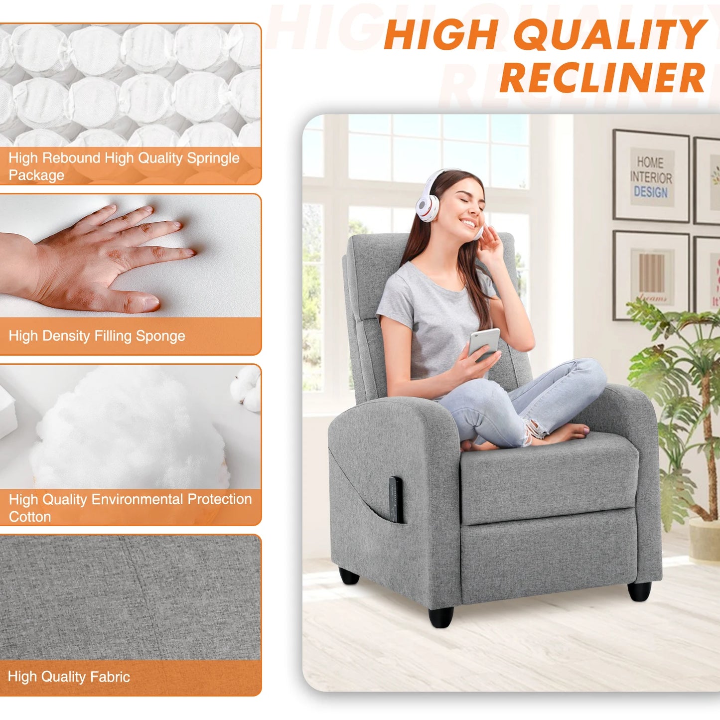 Modern Adjustable Massage Fabric Theater Lumbar Support Padded Seat & Backrest Recliner