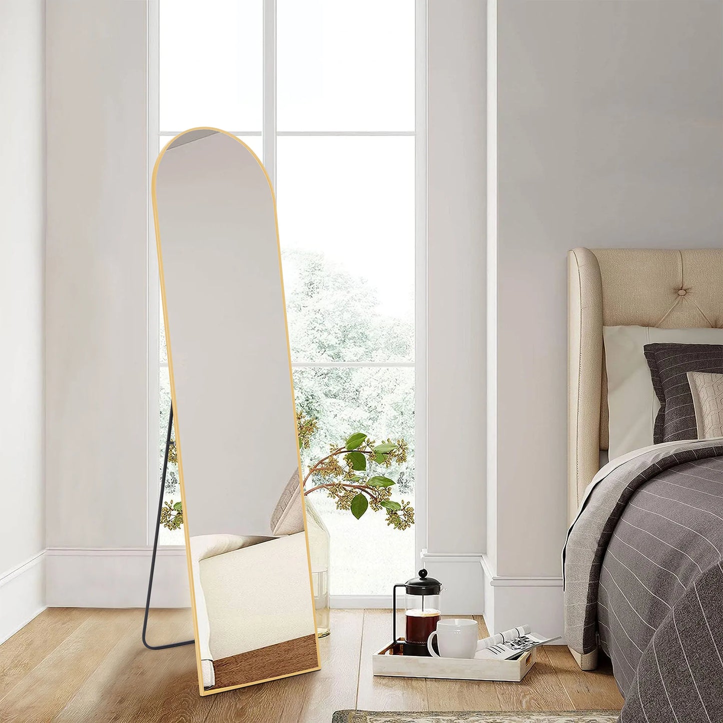 59"x16" Full Length Arched Right Angle Sturdy Aluminum Alloy Frame Mirror with Stand for Living Room or Bedroom