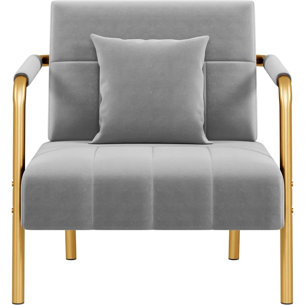 30" W Oversized Velvet Accent Armchair with Golden Frame & Cozy Pillows for the Living Room, Light Gray