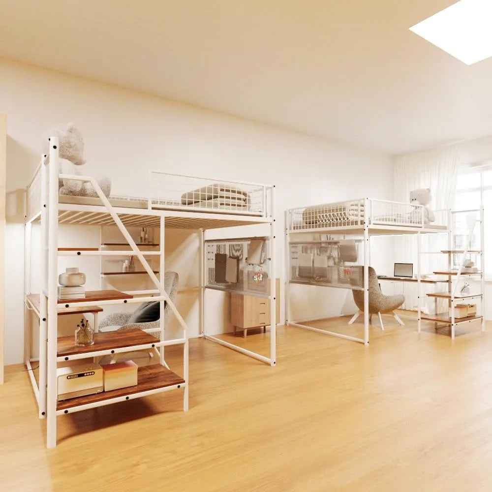 Heavy Duty Metal Loft Bed Full Sze Frame with Staircase, Built-in Charging Station and LED Lighting for Bedroom