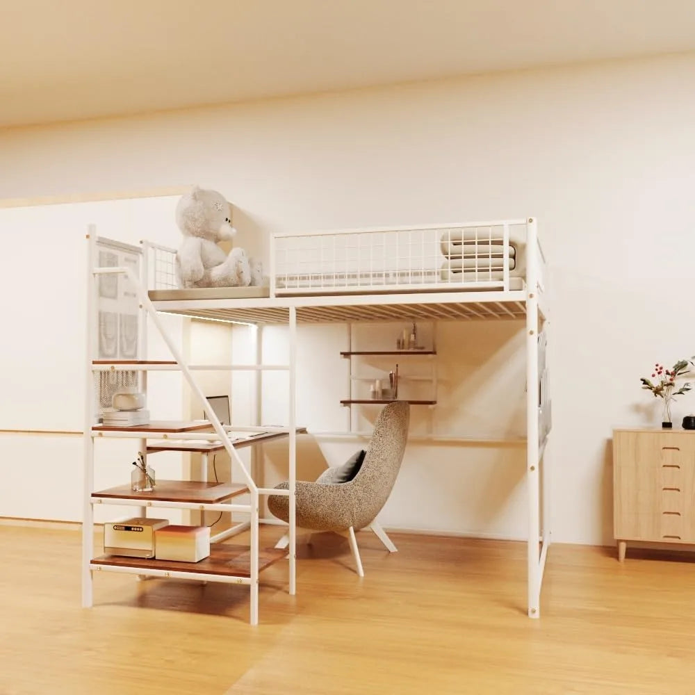 Heavy Duty Metal Loft Bed Full Sze Frame with Staircase, Built-in Charging Station and LED Lighting for Bedroom
