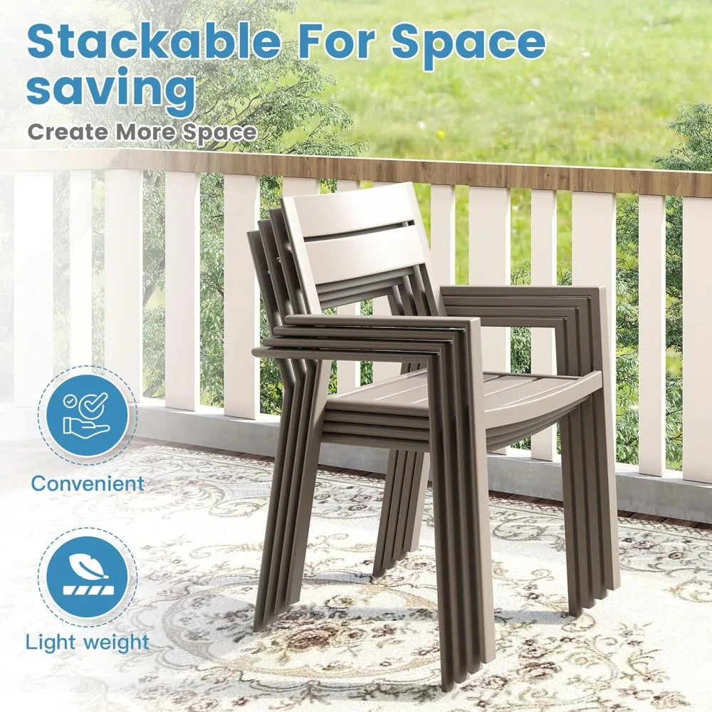 7 Pieces Outdoor Metal Frame Patio Dining Set, with 6 Cream Stackable Metal Chairs and 63" Sand shell Rectangle Dining Table