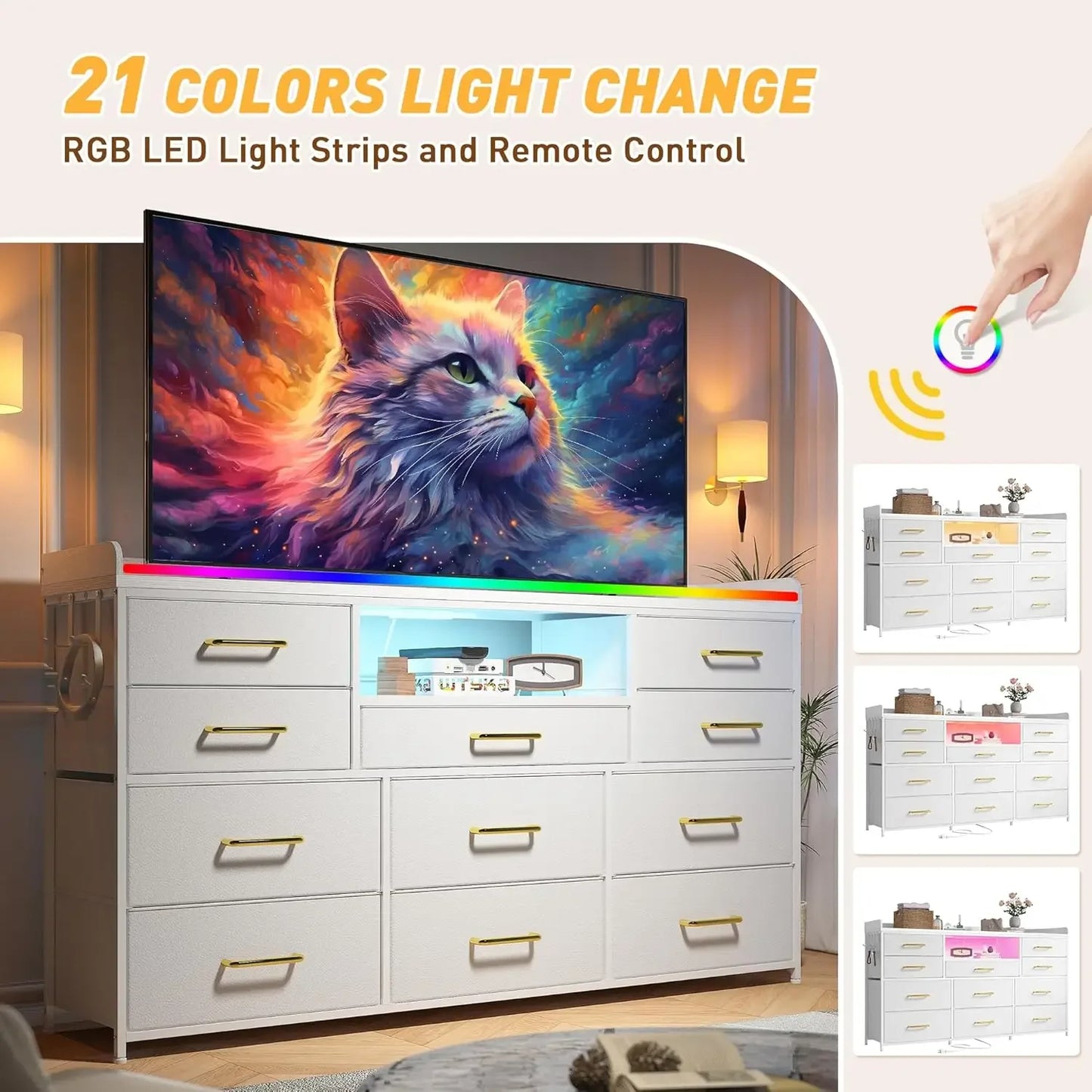 60" Long Dresser TV Stand with 11 Drawers, LED Lights, Charging Station for Bedroom
