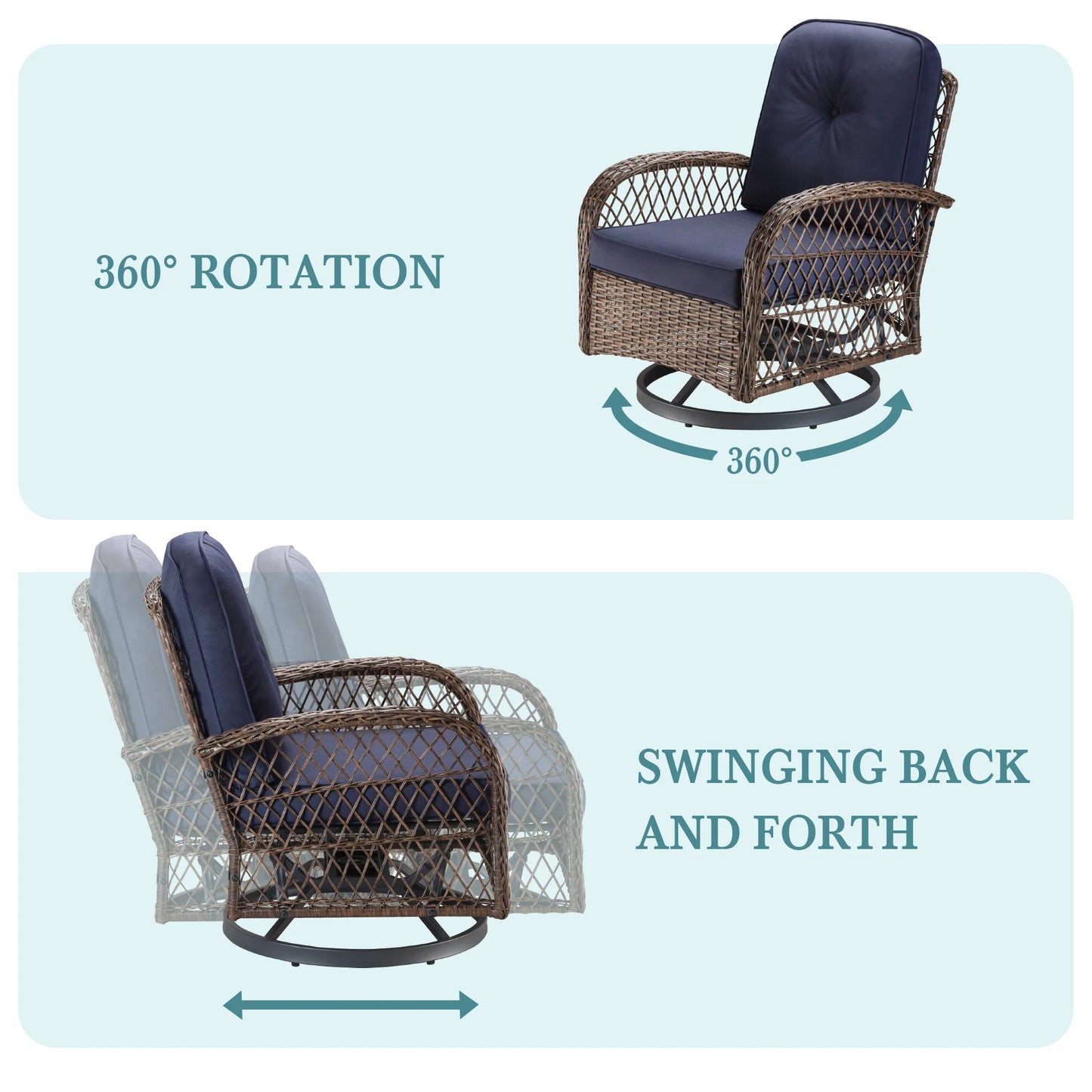 3 Pieces Outdoor Rotating Rocking Chair Patio Bistro Set with Cozy and Padded Cushions.