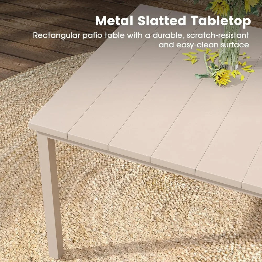 7 Pieces Outdoor Metal Frame Patio Dining Set, with 6 Cream Stackable Metal Chairs and 63" Sand shell Rectangle Dining Table