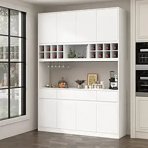 Large Kitchen Hutch Cabinet Storage Cupboard Pantry with 8 Doors, 3 Drawers, Wine Rack & Microwave Shelf, Floor Kitchen Utility