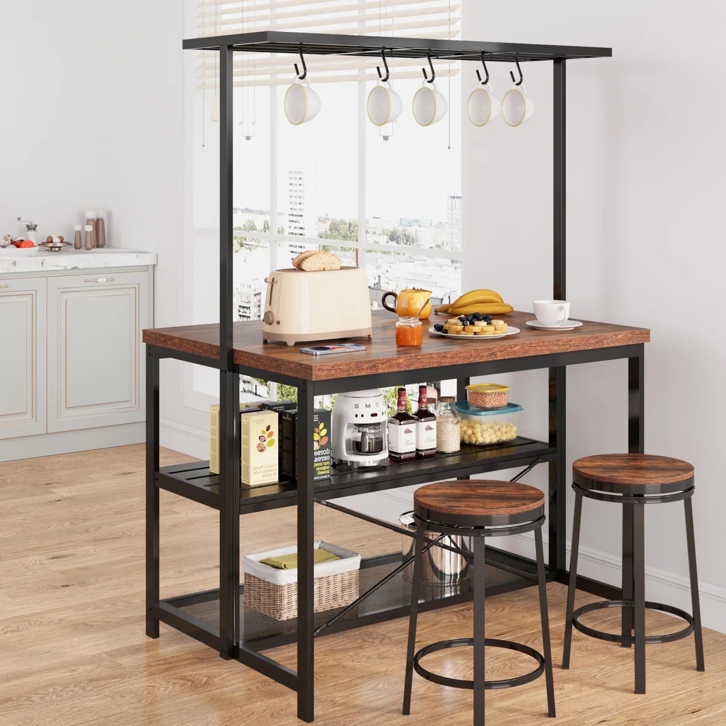 42" Kitchen Island with Storage Bakers Rack , 3 Tier Microwave Stand, Oven Shelf and Bar Table