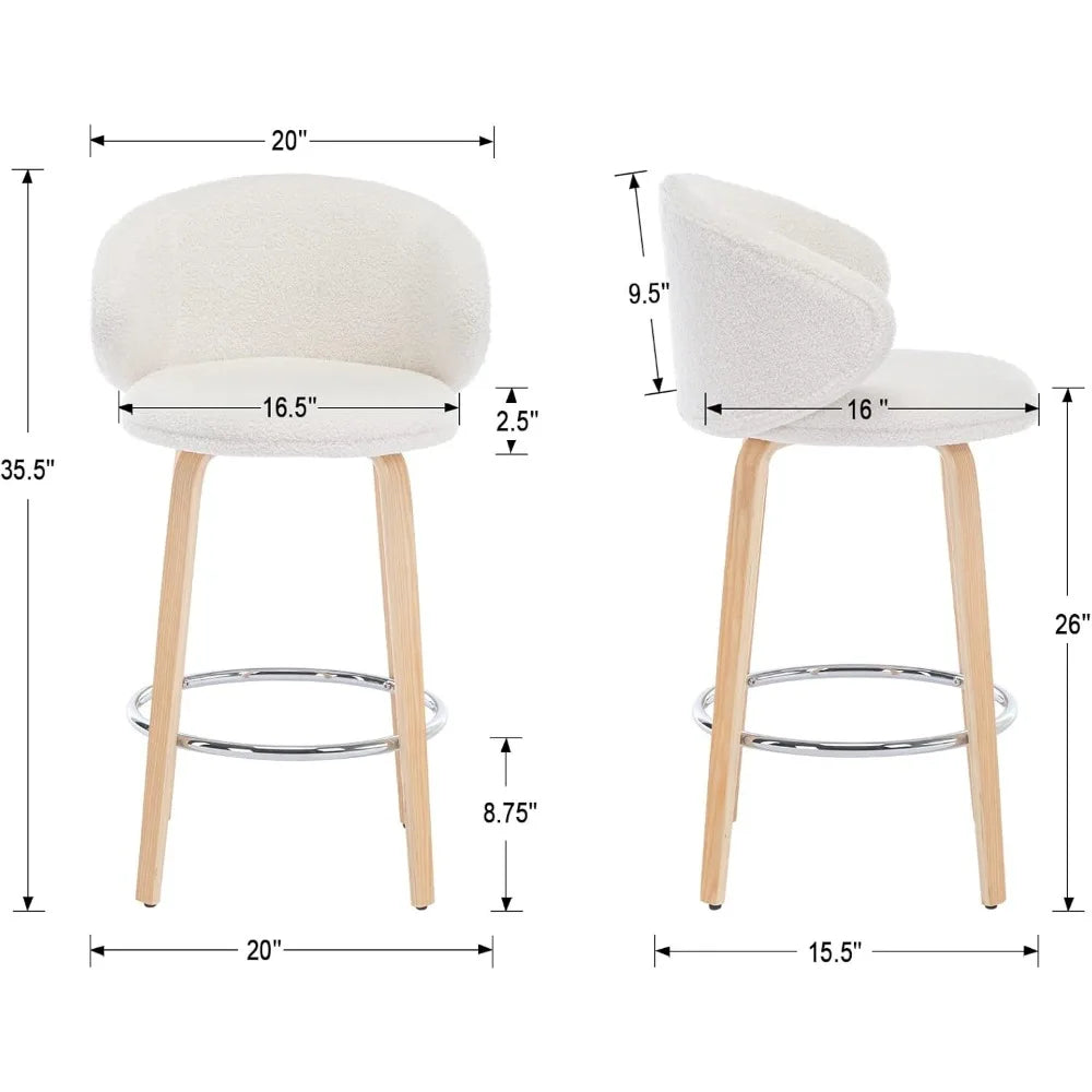 26 Inch Set of 4 Counter Height Sherpa Barstools Wooden Legs with Barrel Backrest for Kitchen, Island or Dining Room, White