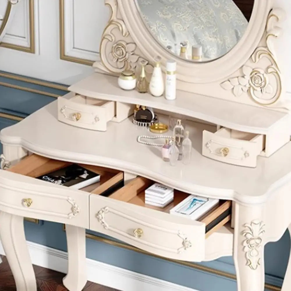 Wood Vintage Vanity Desk Makeup Desk with Mirror and Stool for the Bedroom