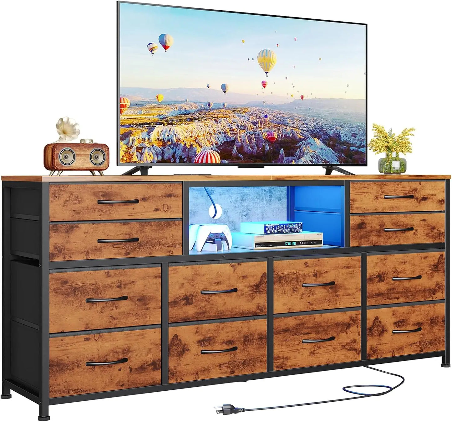 55" Entertainment LED TV Stand Dresser for Bedroom with Power Outlets,12 Drawers, and Media Console Table
