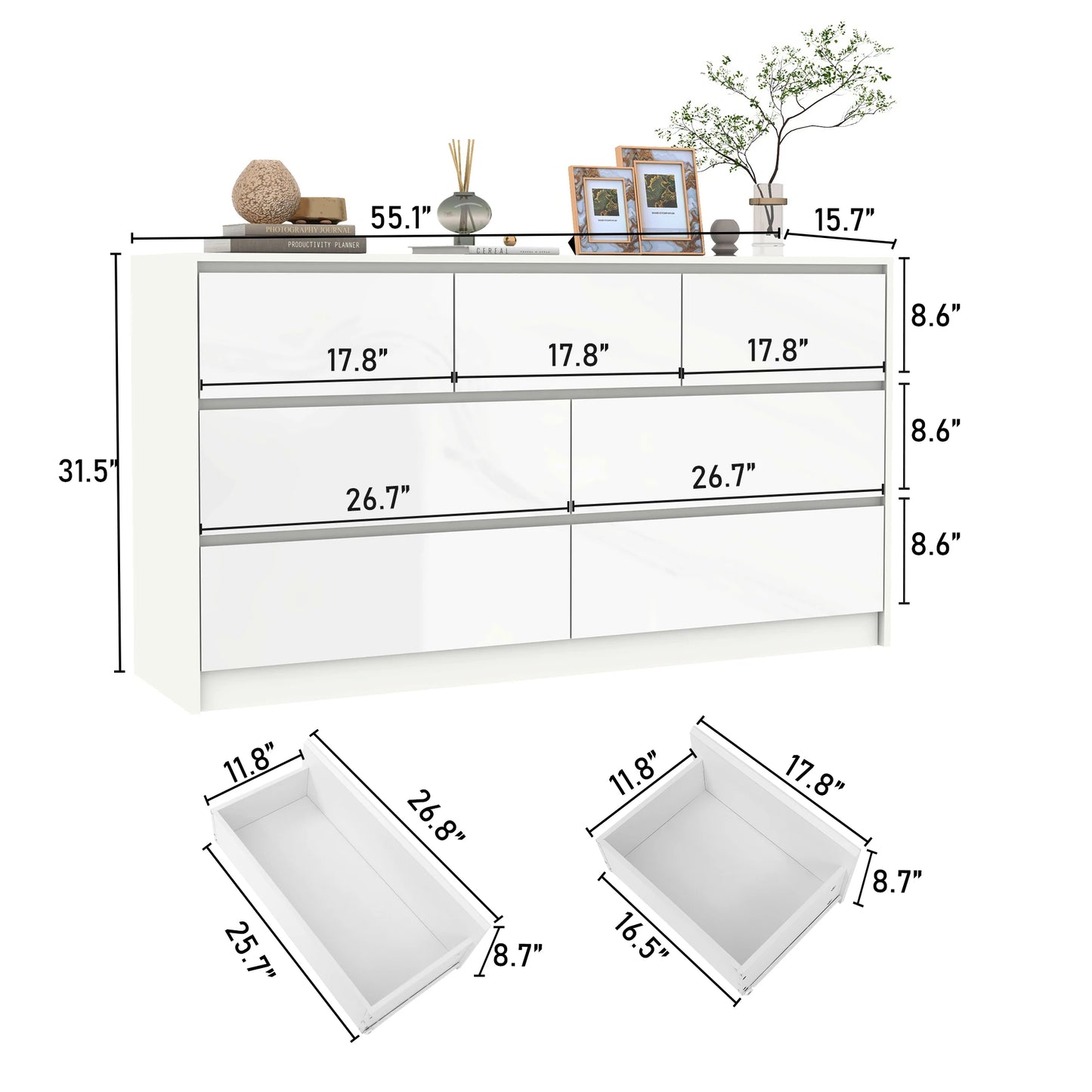 55 Inch Modern 7 Drawer Dresser with High Gloss Drawers, Large Wood Chest of Drawer for the Bedroom White/Black