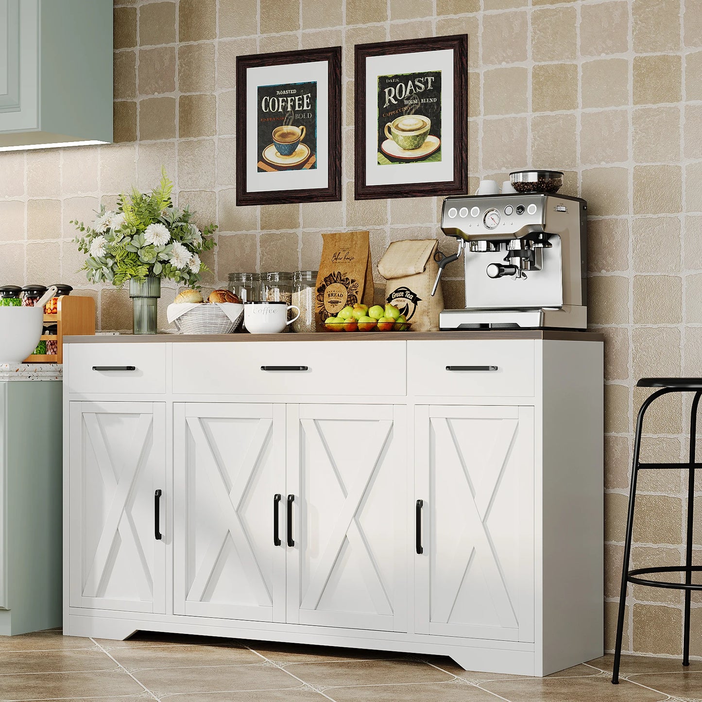 55" Large Sideboard Buffet Storage Cabinet with 3 Drawers and 4 Doors, Wood