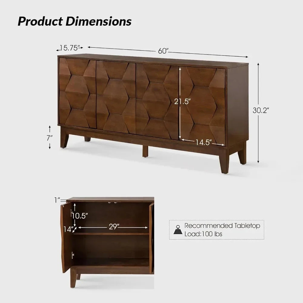 60" Kitchen Storage Credenza Sideboard Buffet Cabinet with Solid Wood Legs, 4 Doors and 2 Shelves, Cabinet for Dishes