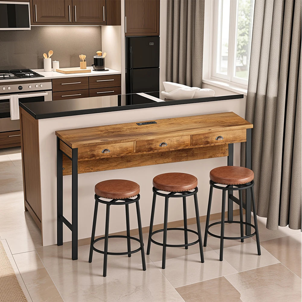 4 Pcs Dining Table Set with 3 Drawers, Power Outlets ,3 PU Stools, Wooden Bar or Kitchen Table Desk for Dining Room or Restaurant