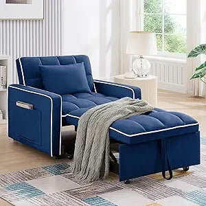3 in 1 Modern Velvet Pull Out Convertible Small Tufted Single Sleeper Chair Bed, with Adjustable Backrest.