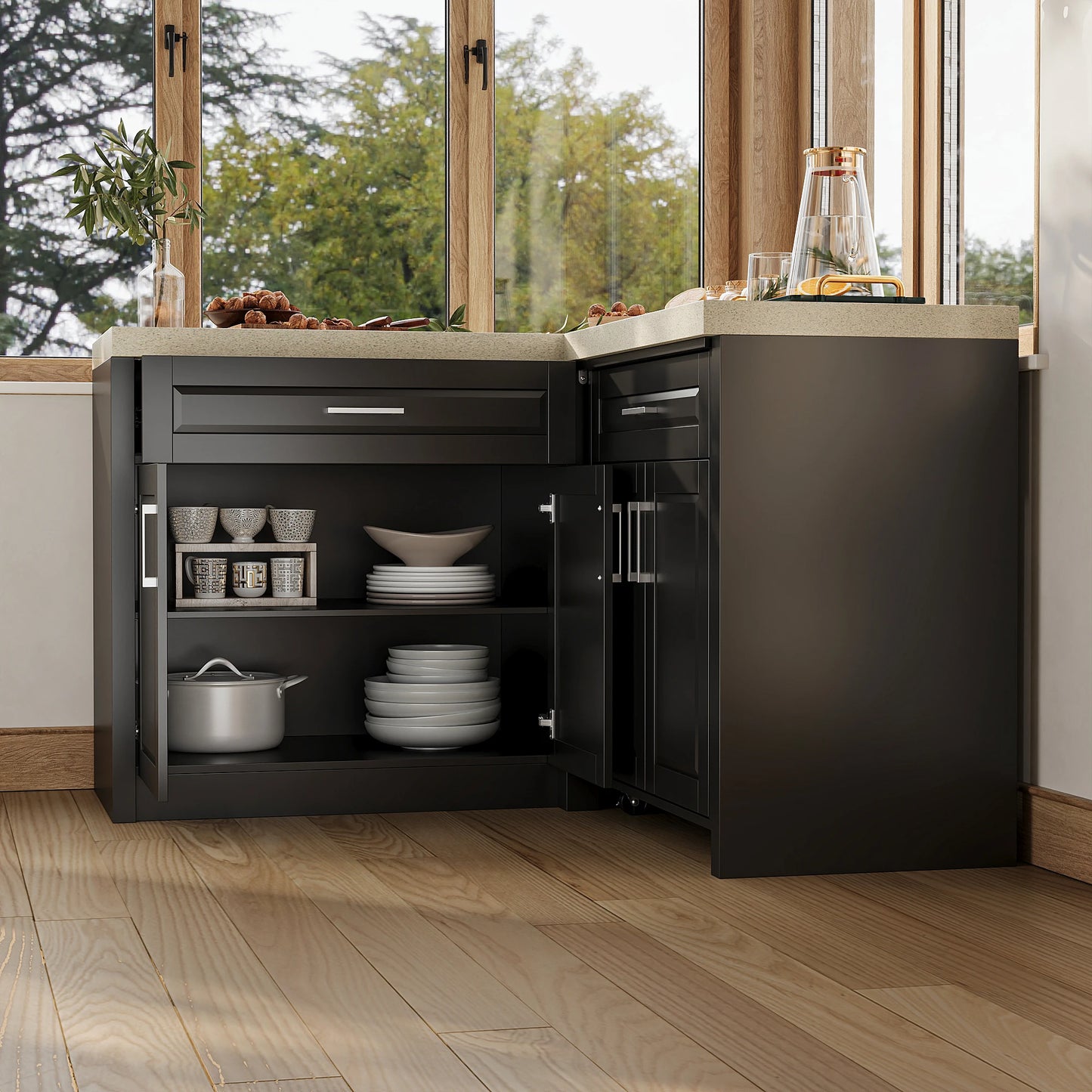 Modern L-Shaped 4-door pantry cabinet with 2 drawers and spacious countertop, black