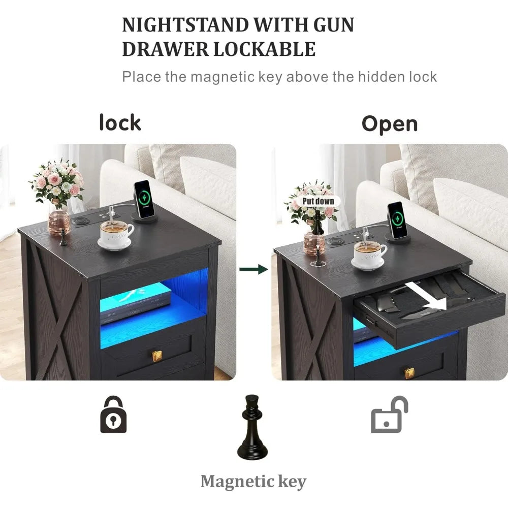 Set of 2 LED Farmhouse Nightstand or Bedside Tables with Gun Drawer, Charging Station for Bedroom
