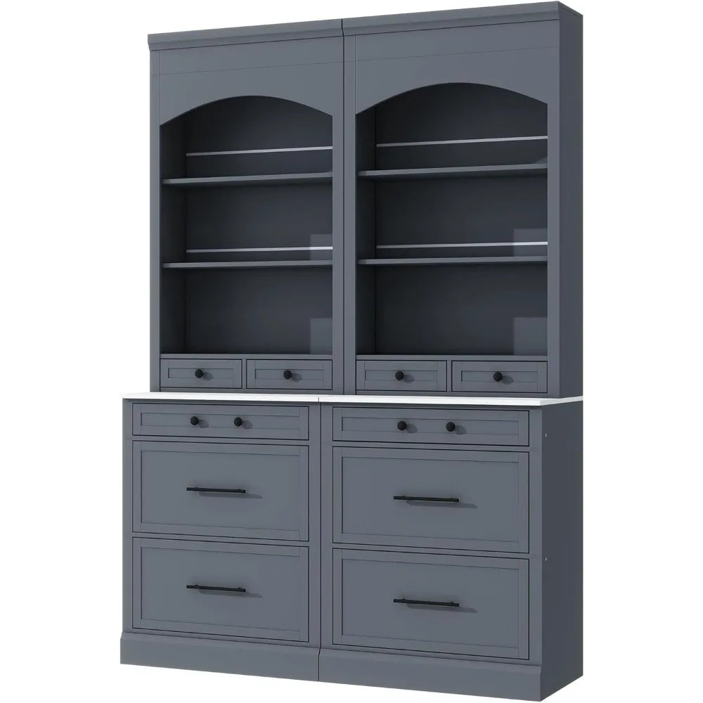 83.7" High Modern Freestanding Cabinet Hutch Kitchen Pantry Set of 2 with Faux Marble Top, 5 Storage Drawers & Adjustable Shelves