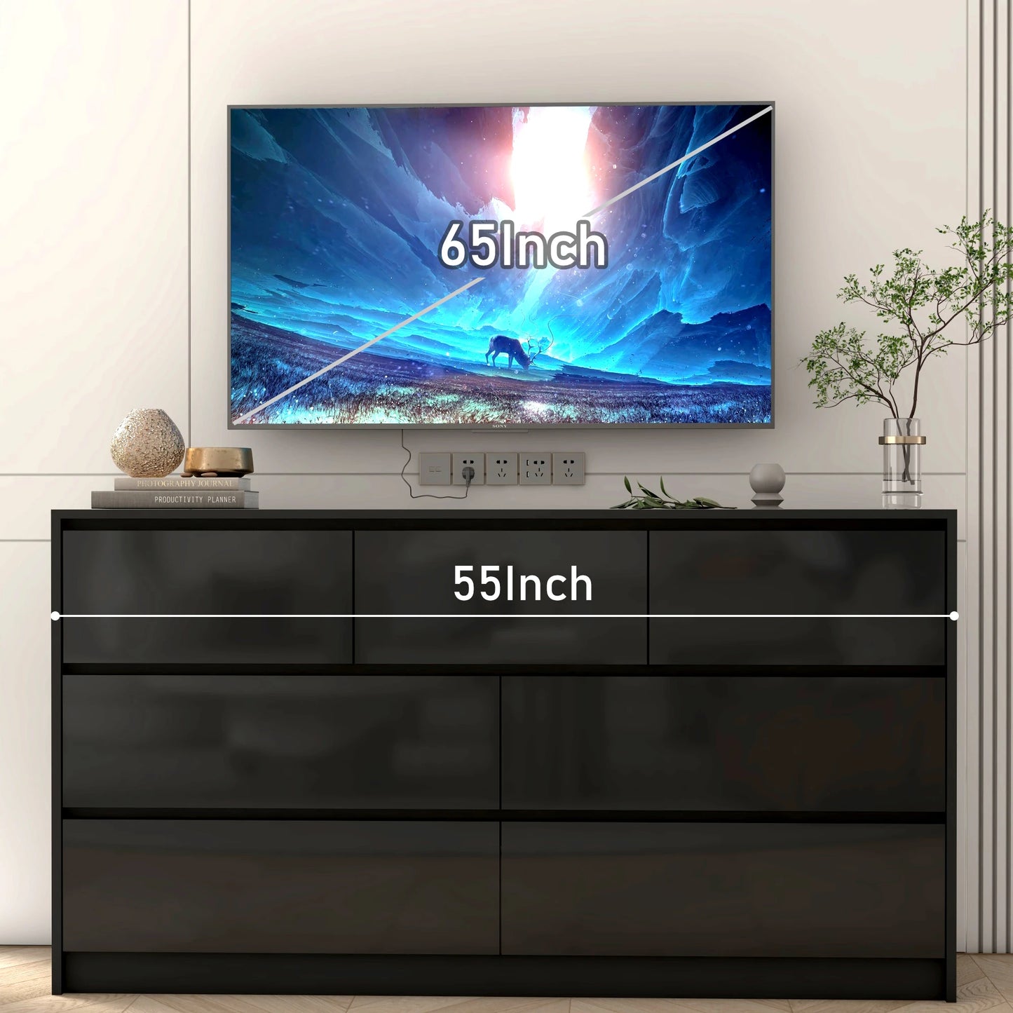 55 Inch Modern 7 Drawer Dresser with High Gloss Drawers, Large Wood Chest of Drawer for the Bedroom White/Black