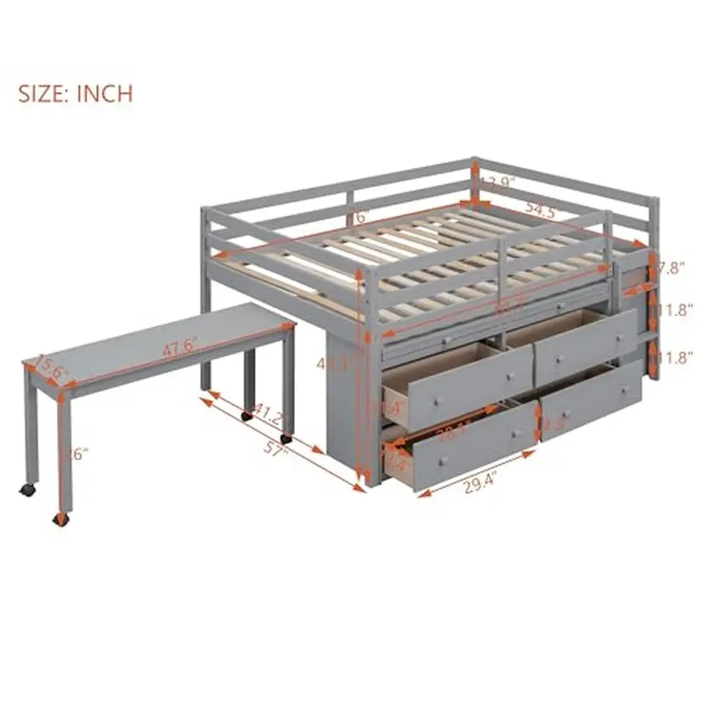 Children's Modern Full Size Wooden Loft Bed with Desk and Storage Drawers