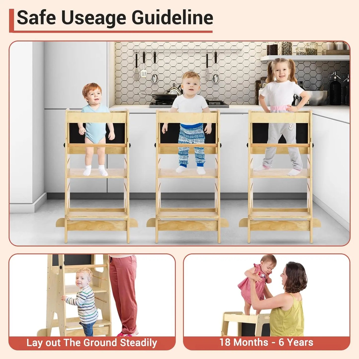 Wooden Toddlers Kitchen Step Stool with Blackboard & Safety Rails and Adjustable Montessori Learning Helper
