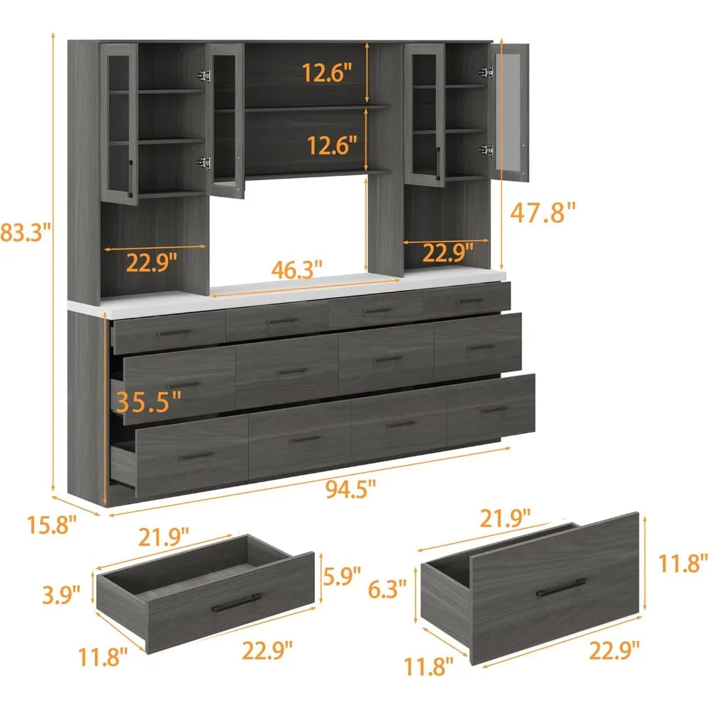 94.5" W Modern Wooden Kitchen Pantry with Countertop, 12 Drawers & 4 Glass Doors, Cupboard Storage Cabinet and 6 Hidden Shelves