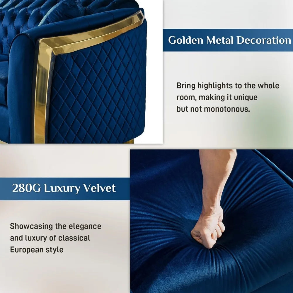 81" 3 Seater Modern Mid Century Velvet Chesterfield Blue and Gold Luxury Curved Loveseat and Sofa Couch for Living Room