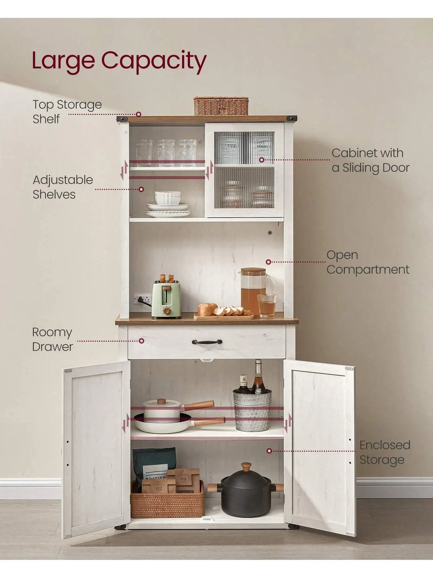 71" Farmhouse Storage Pantry Cabinet With Lights And Charging Station With Doors And Drawer