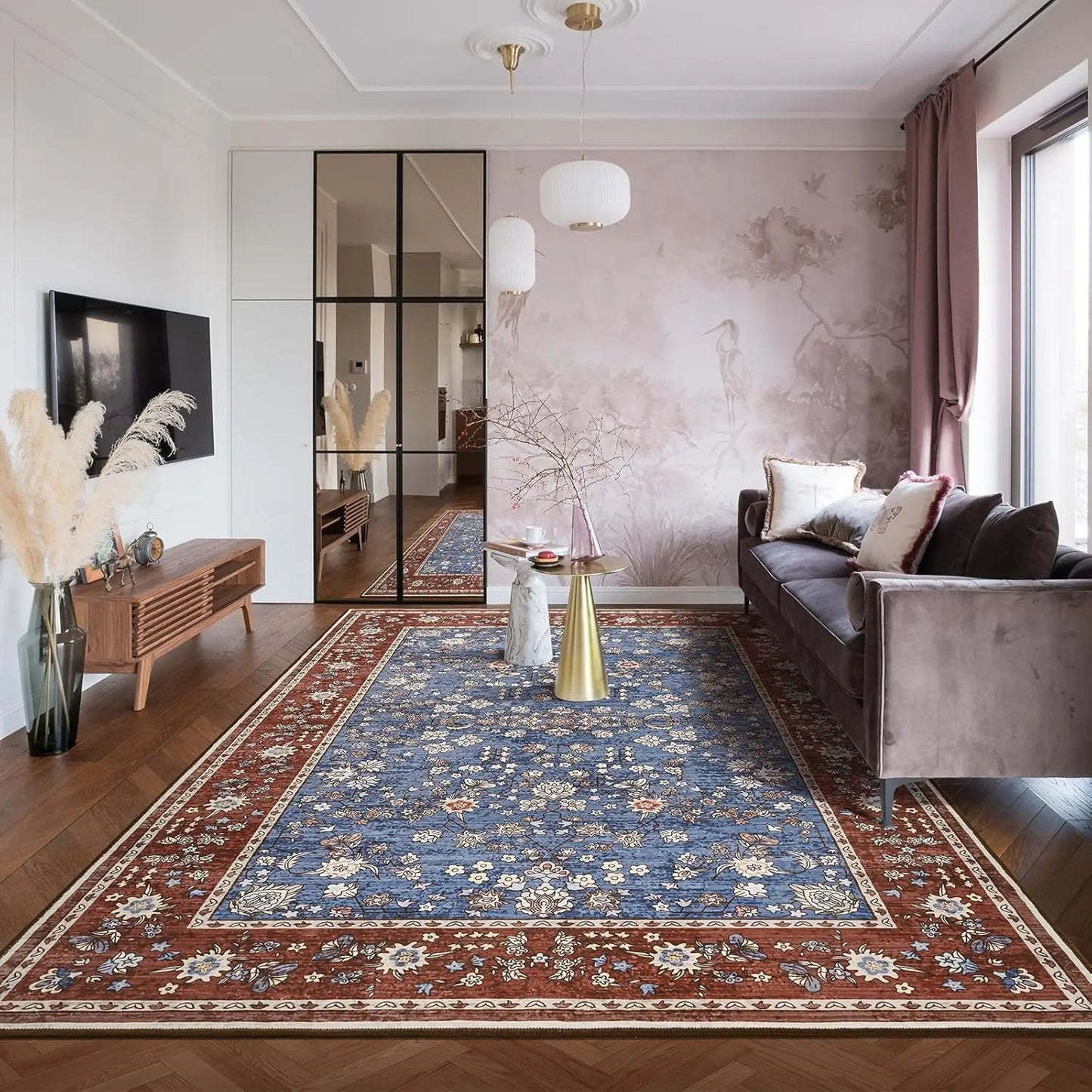 Washable Vintage Floral Print Soft Low Pile Non-Slip Rugs for Living Room and Bedroom