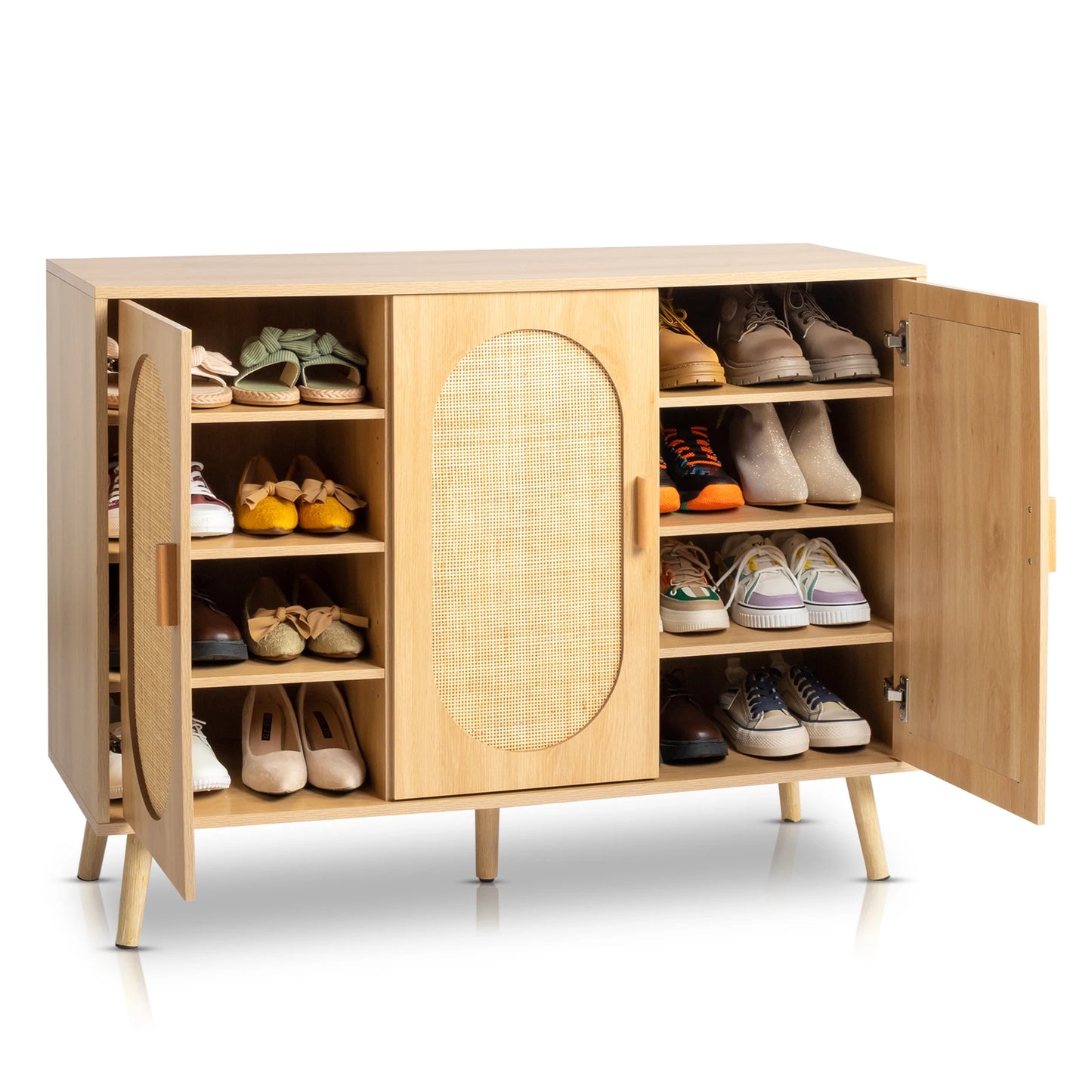 Modern Rattan Shoe Storage Cabinet with 3 Doors and Adjustable Shelves