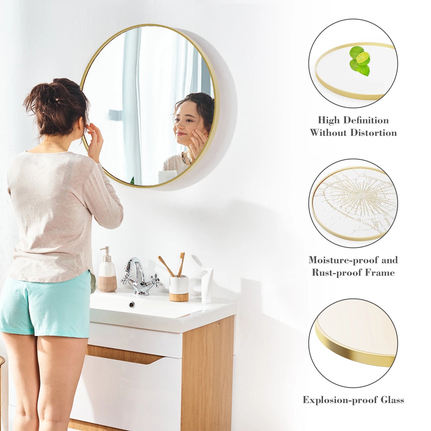 Large Gold Round 30 inch Modern Tempered Glass Framed Mirror for the Wall in Bedrooms or Living Room