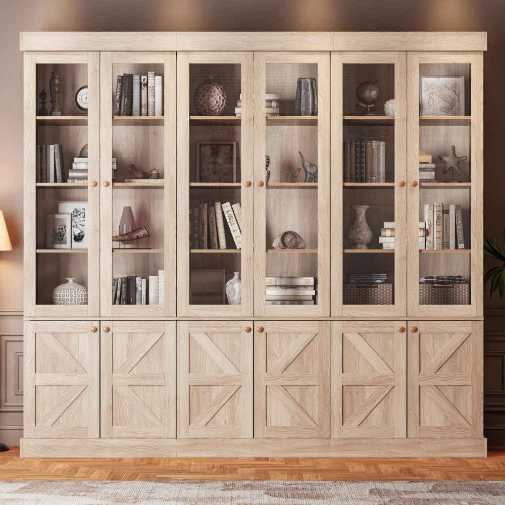71" Tall Farmhouse Set of 3 Large Storage Cabinets with Glass Doors & Adjustable Shelves, Versatile Wood Hutch