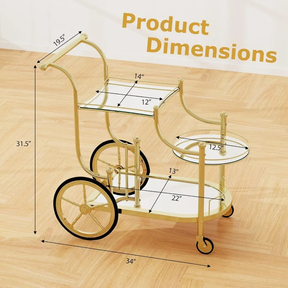 3-Tier Rolling Bar Cart with mirrored Shelves, 4 Wheels for Mobile Beverage & Wine in the Kitchen, Dining Room or Living Room
