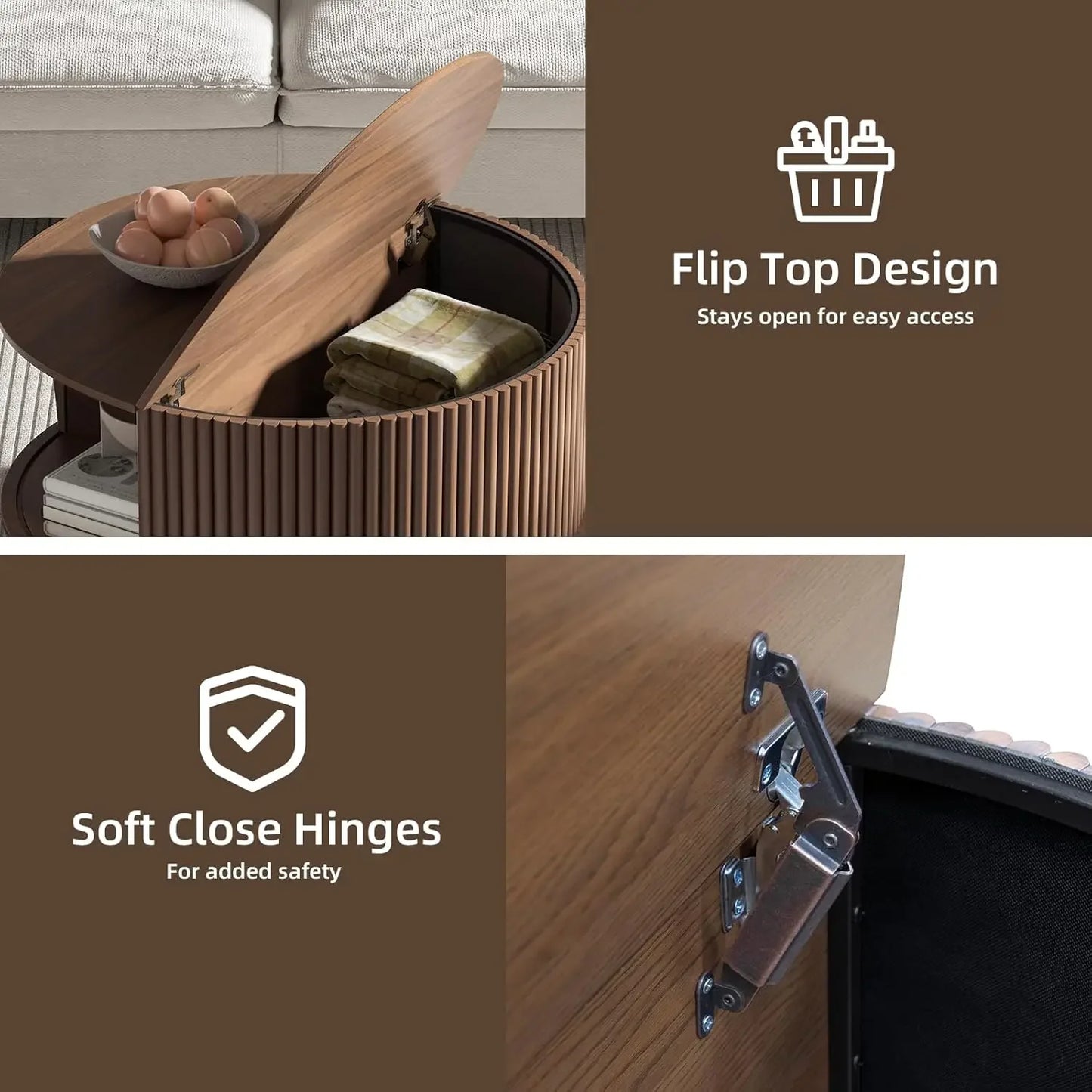 Modern Mid Century Round Coffee Table with Storage and Sliding Cabinet Door for the Living Room Home Center