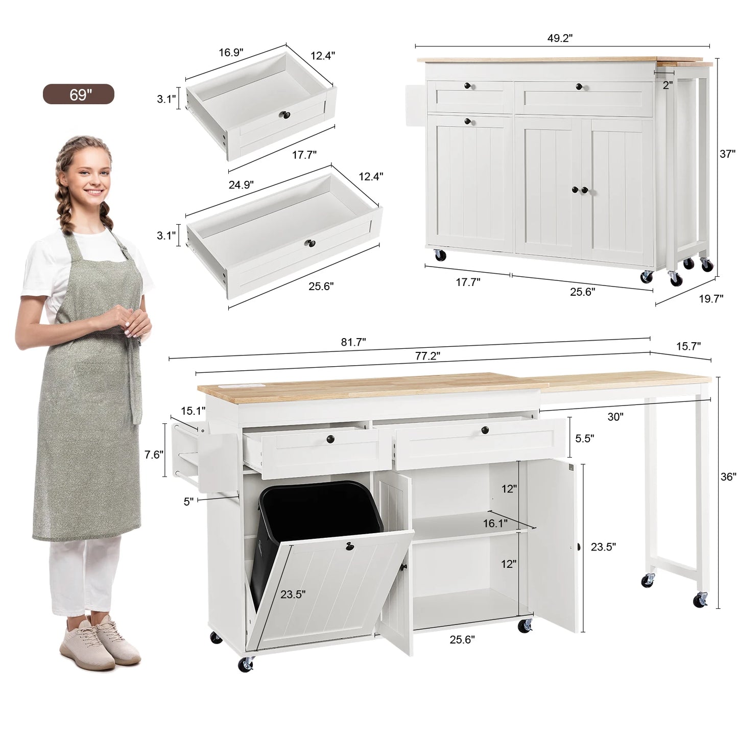 81.7" Mobile Kitchen Storage Islands with Extendable Dining Table, Rolling Kitchen Cart with Power Outlet, Trash Cabinet