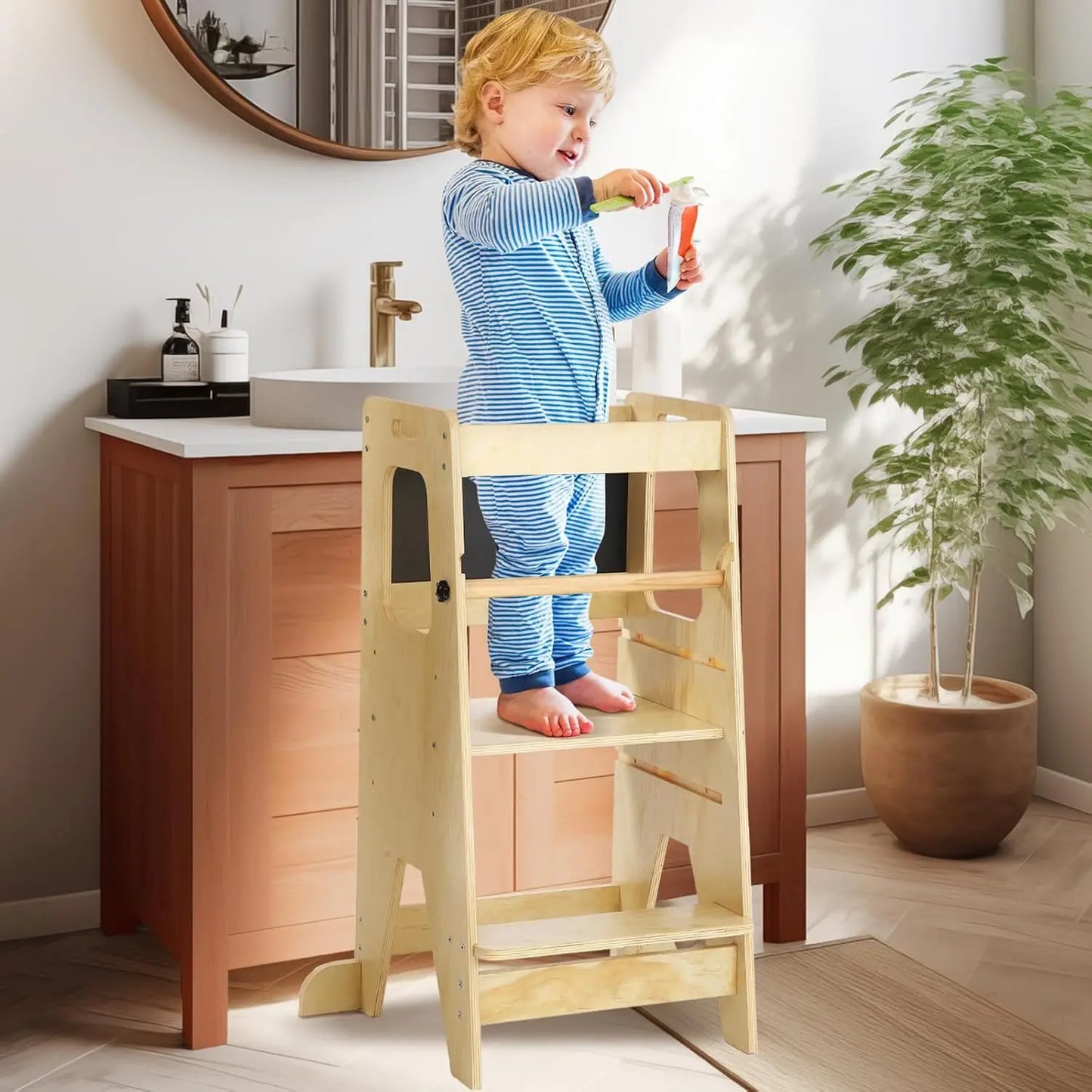 Wooden Toddlers Kitchen Step Stool with Blackboard & Safety Rails and Adjustable Montessori Learning Helper