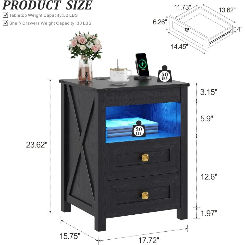 Set of 2 LED Farmhouse Nightstand or Bedside Tables with Gun Drawer, Charging Station for Bedroom