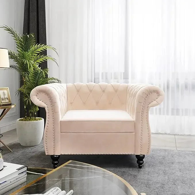 Modern Velvet Tufted Accent Sofa with Scroll Arms for Living Room