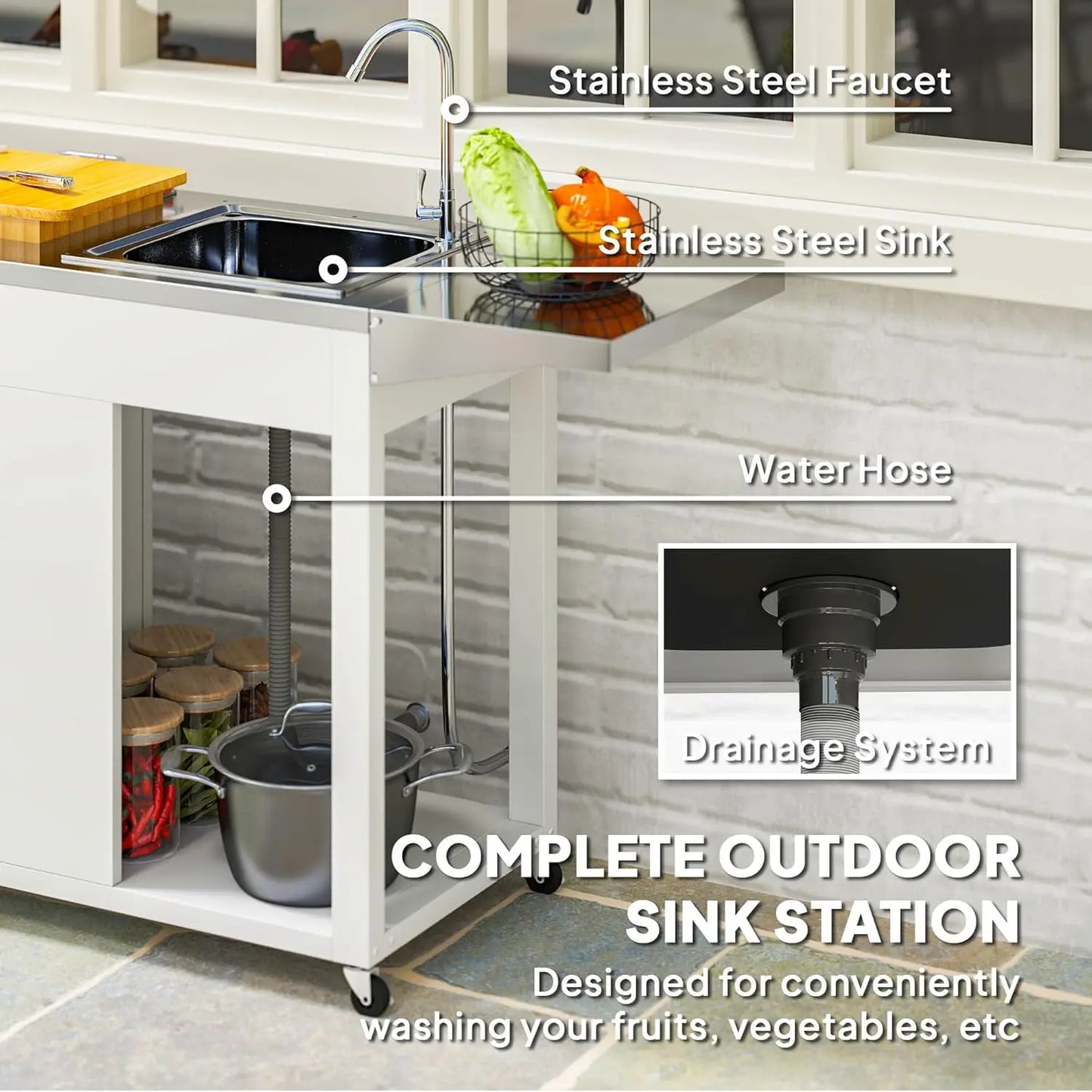 Outdoor Kitchen Island Grill Table and with Stainless Steel Sink and Drainage, Foldable Side Table and Cabinet