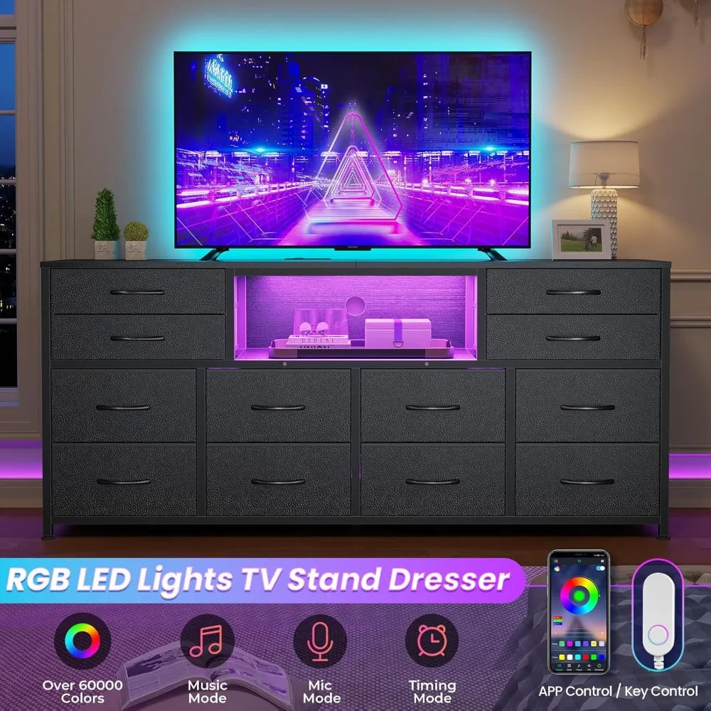 55" Entertainment LED TV Stand Dresser for Bedroom with Power Outlets,12 Drawers, and Media Console Table