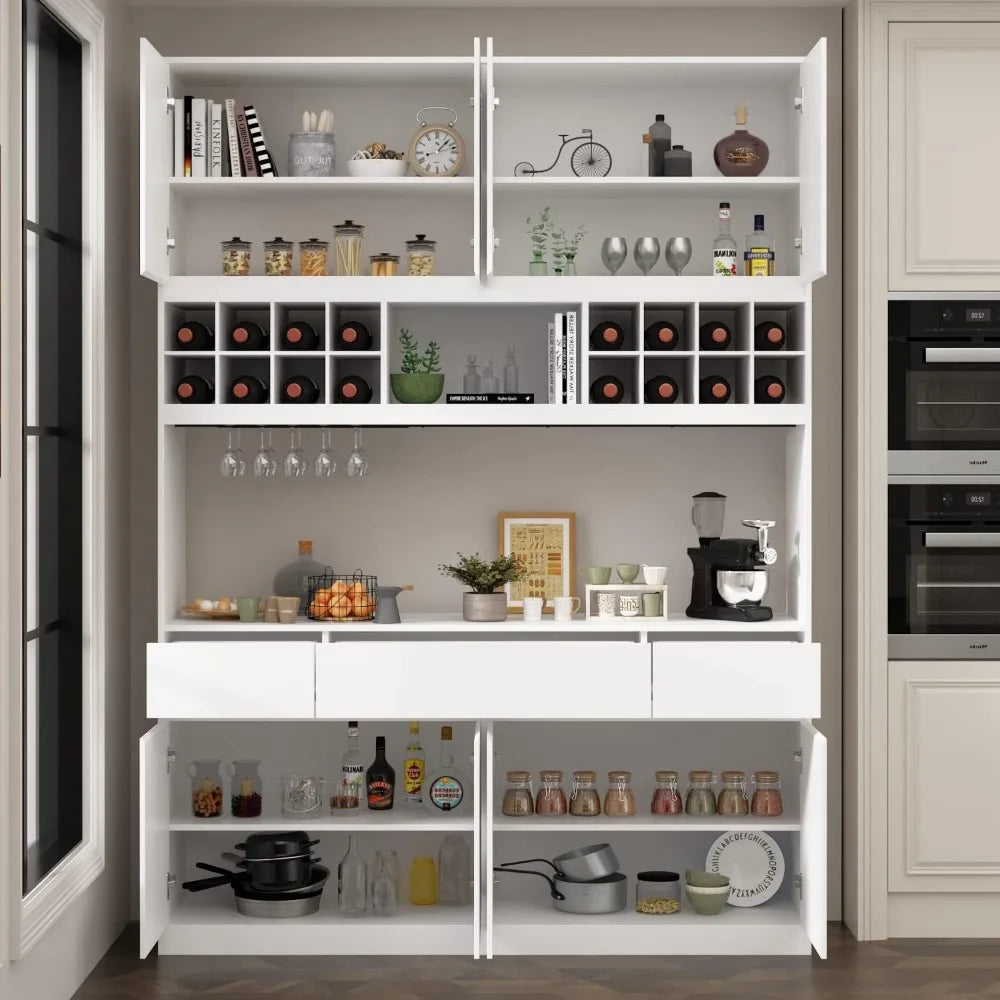Large Kitchen Hutch Cabinet Storage Cupboard Pantry with 8 Doors, 3 Drawers, Wine Rack & Microwave Shelf, Floor Kitchen Utility