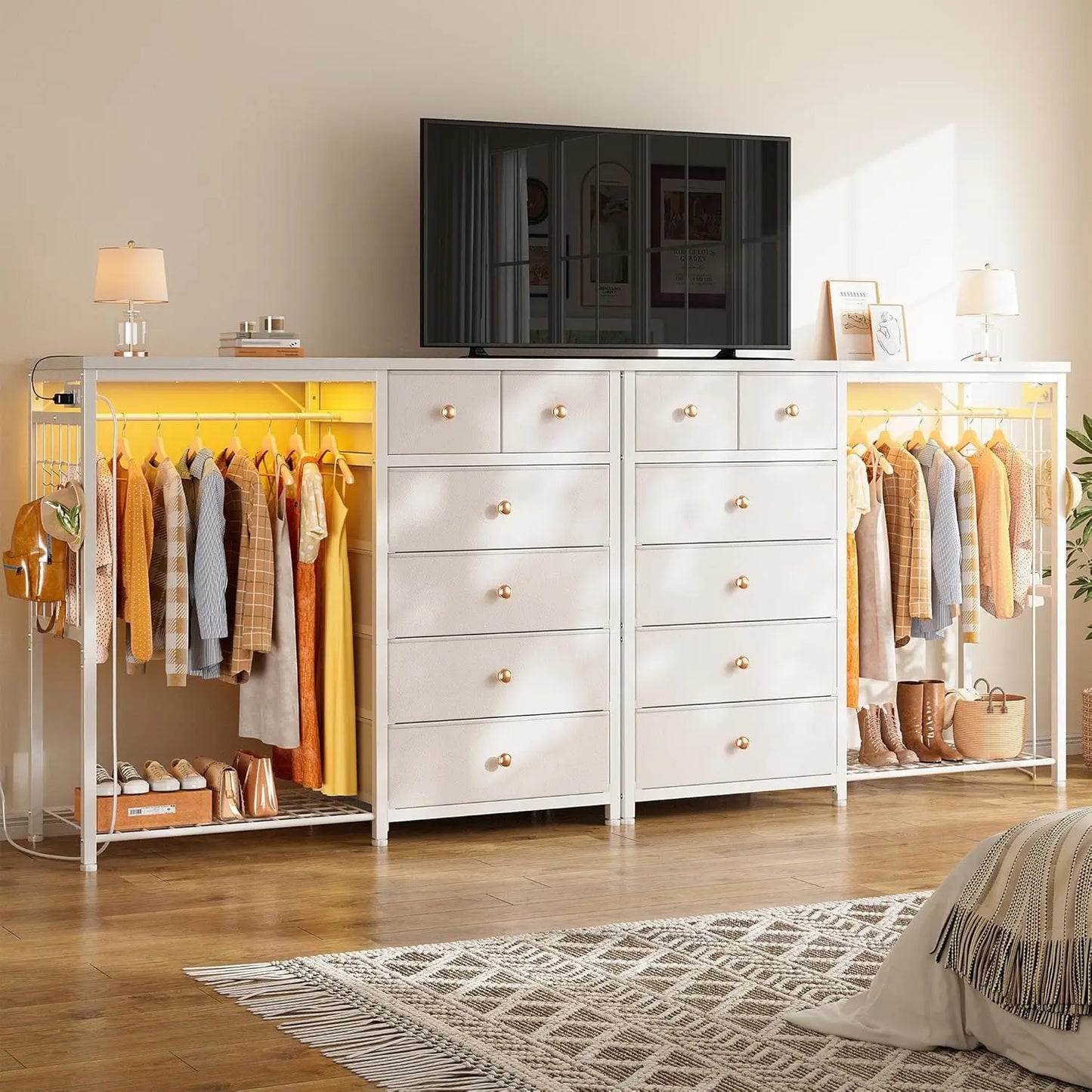 49.2" W White 6 Drawer Dresser for Bedroom with Hanging Rack, LED Lights & Charging Station, Fabric Dressers