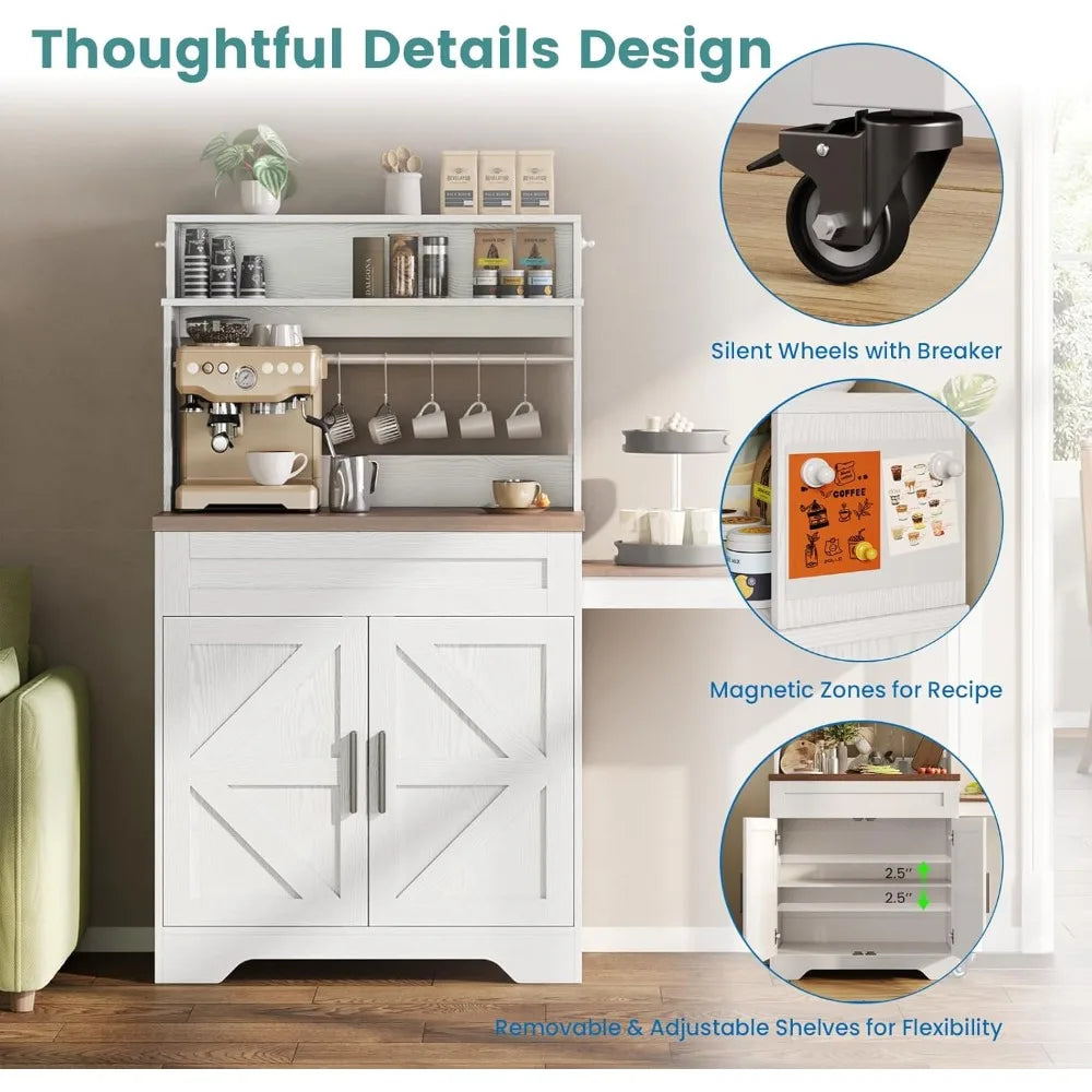 56.7" Extendable Farmhouse Coffee Bars Cabinet with Hutch, Buffet Sideboard, 5 Hooks , Adjustable and Magnetic Note Zone