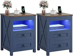 Set of 2 LED Farmhouse Nightstand or Bedside Tables with Gun Drawer, Charging Station for Bedroom