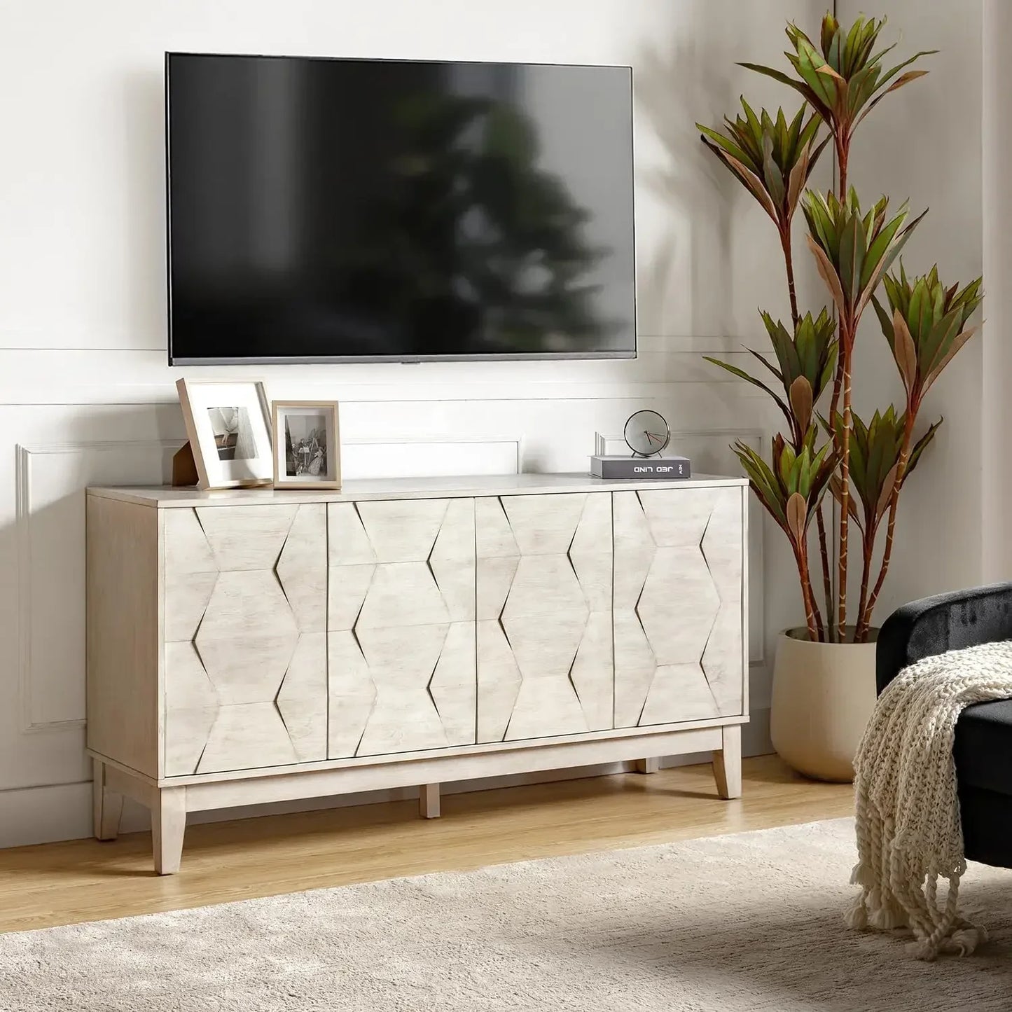 60" Kitchen Storage Credenza Sideboard Buffet Cabinet with Solid Wood Legs, 4 Doors and 2 Shelves, Cabinet for Dishes